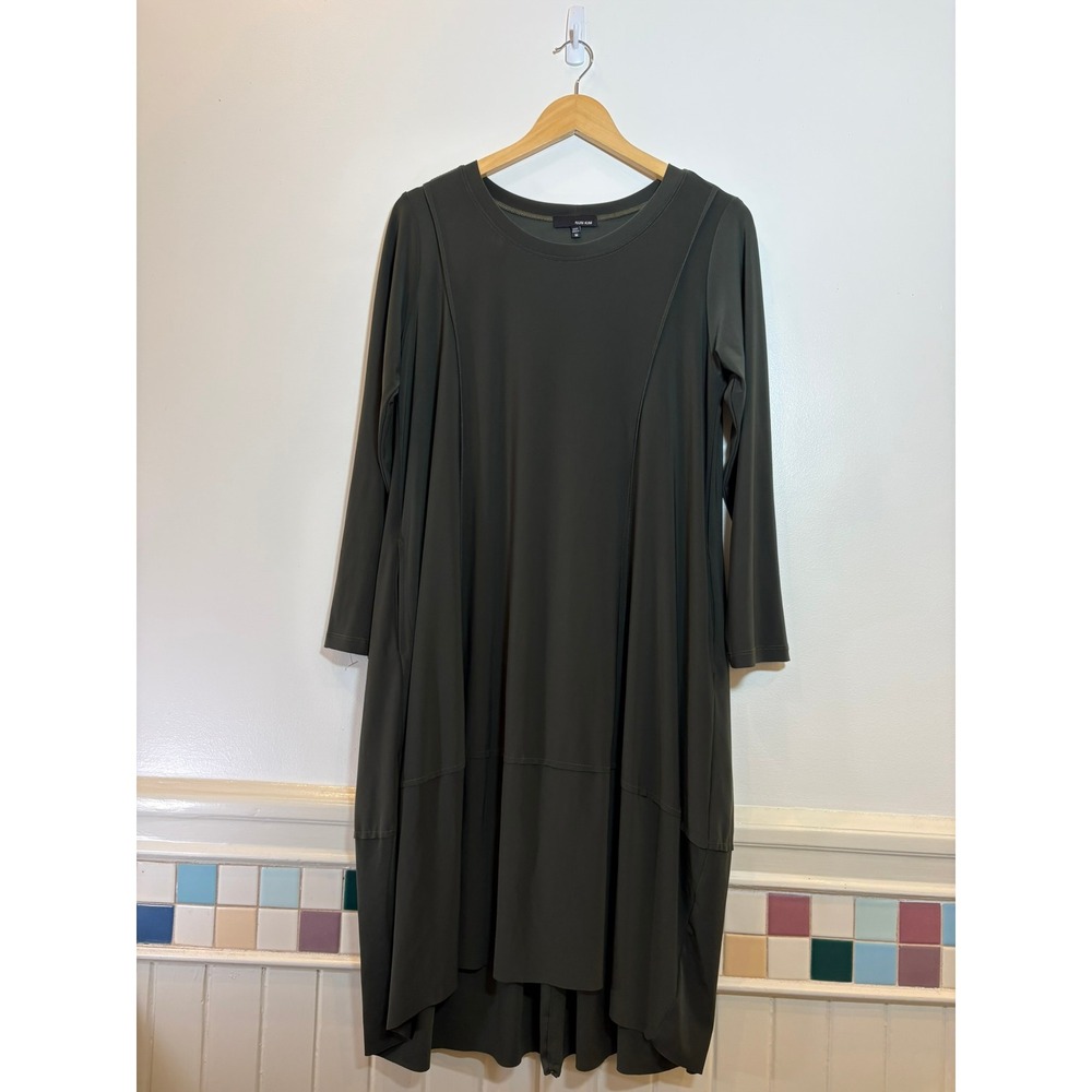 Sun Kim Olive Green Pleated Back Lagenlook Asymmetric Hem Midi Dress SK324 M USA
